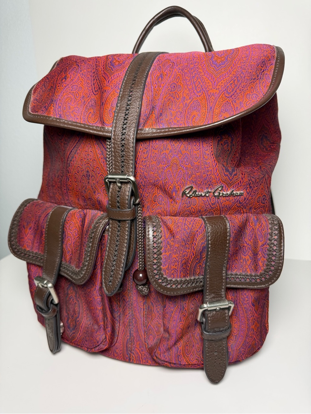 Robert Graham Stellen Rucksack Paisley Red Purple Silk + Brown Leather, Backpack - Picture 3 of 16